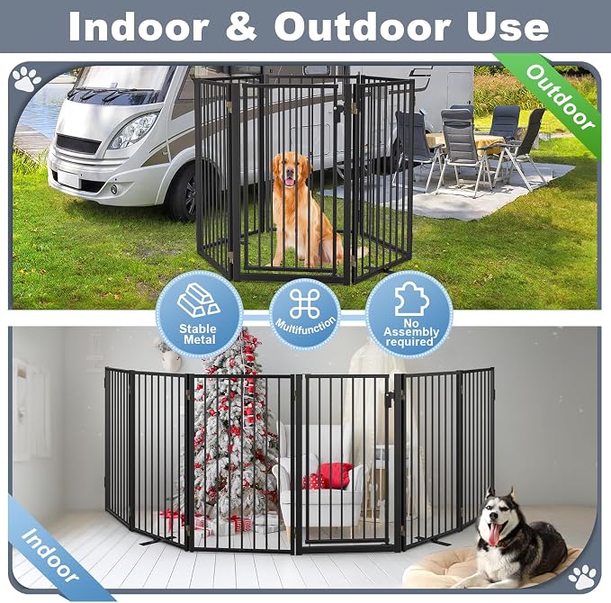 Metal Freestanding Dog Gates with Door for Outdoor Indoor,120'' Extra Wide 36'' Tall Free Standing Dog Gate for Doorways,Large Openings,Deck,Yard,Porch,Foldable Safety Pet Fence(Black,6 Panels)