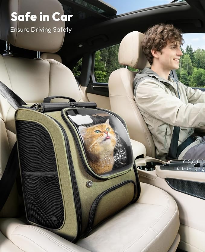Pecute Cat Backpack Carrier,Large Space Dog Bubble Backpack,Ergonomic,Green | Bubble Transparent Window,Sunshade Curtain,Safety Rope,Sturdy,Large Mesh for Breathability,Suitable for Outdoor,Vet