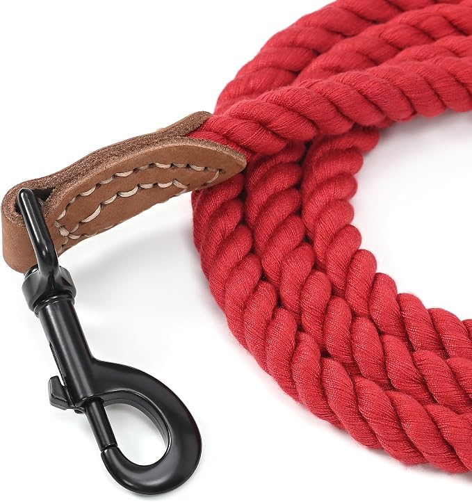 Mile High Life Dog Leash Braided Cotton Rope with Leather-Reinforced Ends | Rust-proof 360° swivel clasp, Heavy-duty for medium/large breeds. Great for weddings, daily walks (4 FT, 1/2", Red)