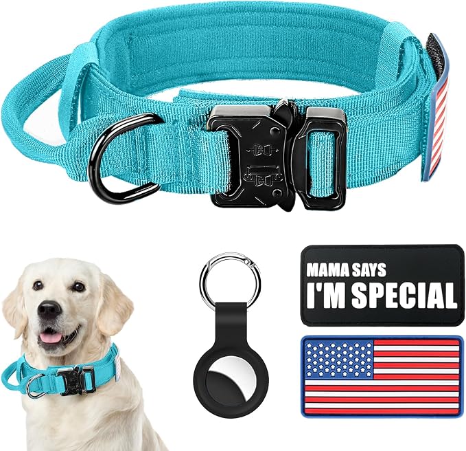 Tactical Dog Collar Military Dog Collar Adjustable Nylon Dog Collar Heavy Duty Metal Buckle with Handle for Dog Training,with Patches(Light Blue 1, XL)