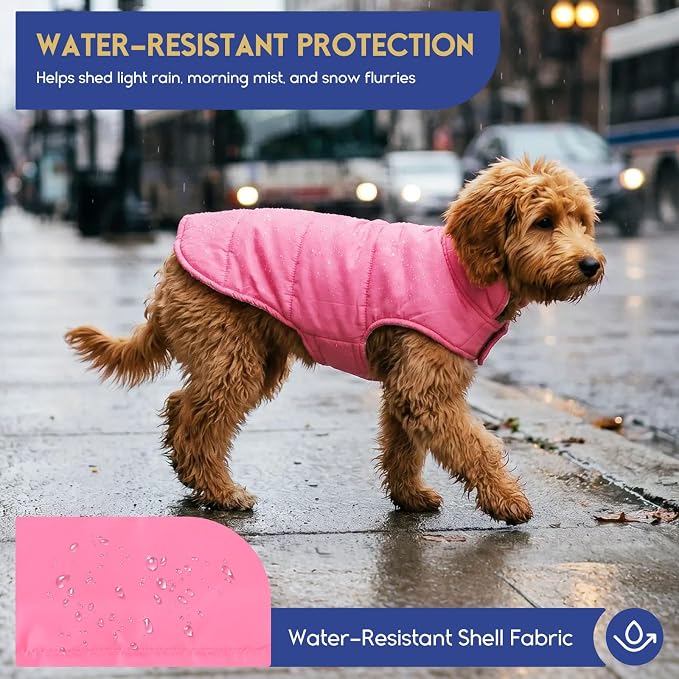 ASENKU Reversible Dog Winter Coat, Dog Jacket for Small Medium Large Dogs | Windproof Plaid Fleece Lining for Cold Weather, Water-resistant Outer Shell, Puppy Puffer Vest with Leash Hole, Pink S