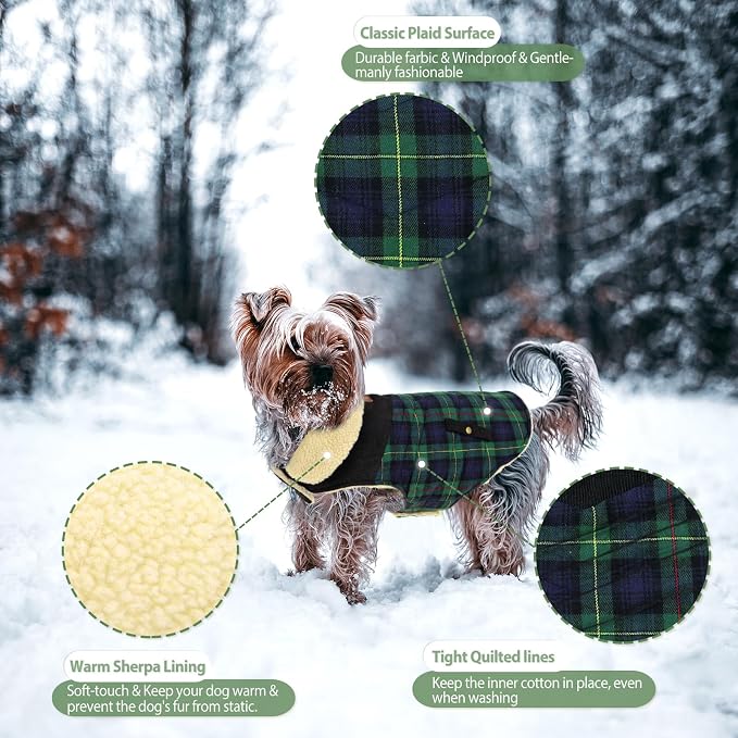 Winter Coat for Small and Medium Dogs, Puppy Plaid Jacket, Cotton Coat for Cold Weather, Windproof Warm Dog Garments, Pet Thickened Outfits Indoor Outdoor, Green XS