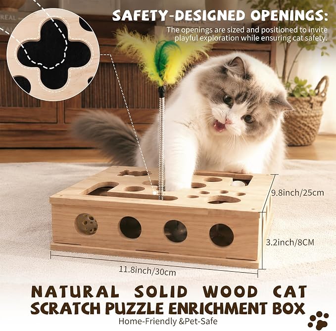 Cat Nail File Enrichment Box Scratch Puzzle Toy with Slot Lock Screws | 11.8in Solid Wood Cat Scratcher with 180-Grit Sandpaper Slot Lock 8 Screws Bell Balls Feather Teaser Indoor Claw Care Toy