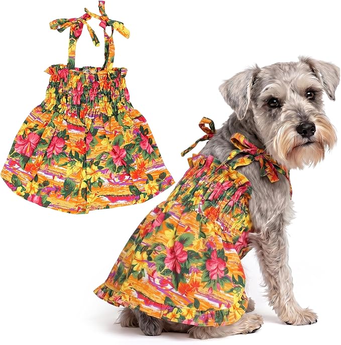 Parisian Pet Hawaiian Dog Dress - 100% Cotton Summer Clothes for Large Dogs Girl - Pet Dress with Pull-Up Straps - Floral Beach Dog Outfit - Lightweight Puppy Clothes - Stylish Dresses for Dogs