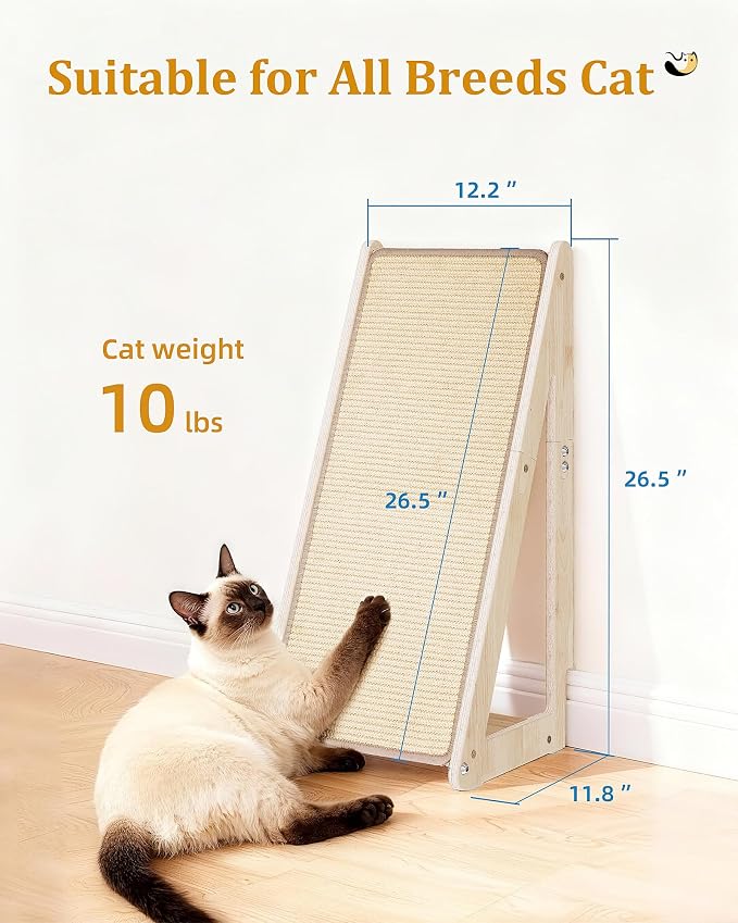 Aechonow 26.4'' Sisal Cat Scratcher Ramp for Indoor Cats | Vertical Scratching Pad for Large Cats, Wooden Cat Furniture