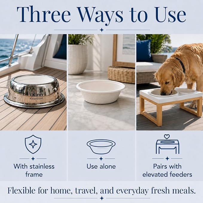 Kinn Kleanbowl Pet Bowl Stainless Steel Frame, 8 oz (Pack of 2) | Compostable Refills, Spill-Proof Stable, Disposable, No Plastic