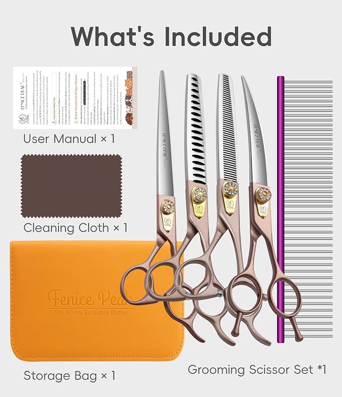8'' Professional Dog Grooming Scissors Set Rose Gold 440C Stainless Steel Straight Thinning Curved Chunker Shears 4pcs Set for Pet Grooming Services Dogs and Cats