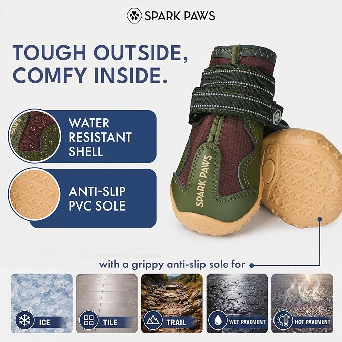 Spark Paws 365 Dog Shoes - All-Season Boots for Winter Snow & Hot Pavement | Water-resistant, anti-slip, stay-on straps - rain, ice & summer booties in one. Reflective; small, medium & large dogs