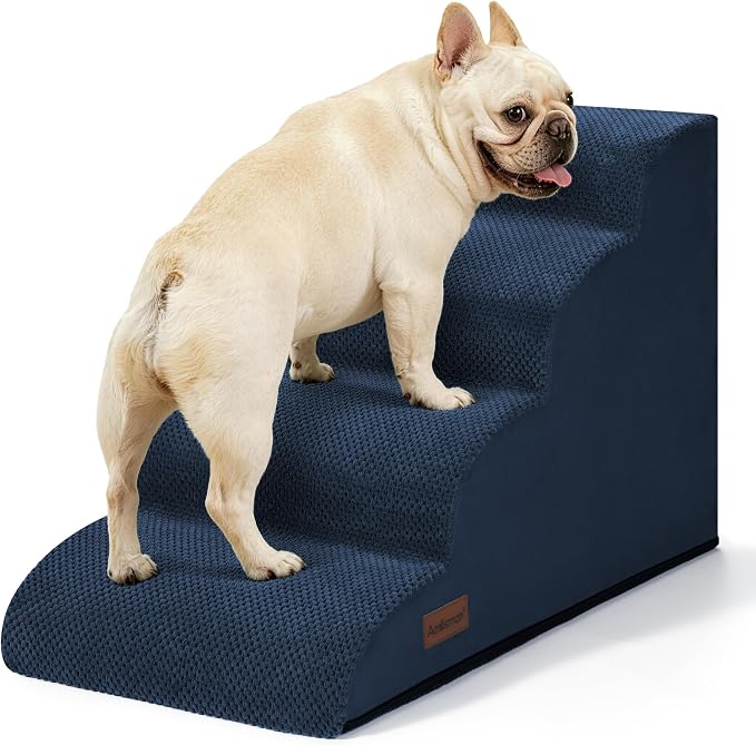 Aodisman Dog Steps for Bed or Couch,4 Step Pet Stairs for Small Dogs & Cat | Curved dog ramp help small dogs, senior cats and puppies get on and off couches and beds, non-slip bottom, 17.4" H,Blue