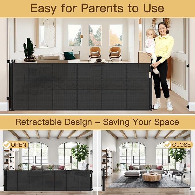Reinforced 200 Inch Extra Wide Retractable Baby Gates to Prevent Crawling Through, Indoor/Outdoor Baby Gates for Decks, 16 ft Mesh Retractable Fence/Barrier/Blocker/Screen Gate for Garage, Black