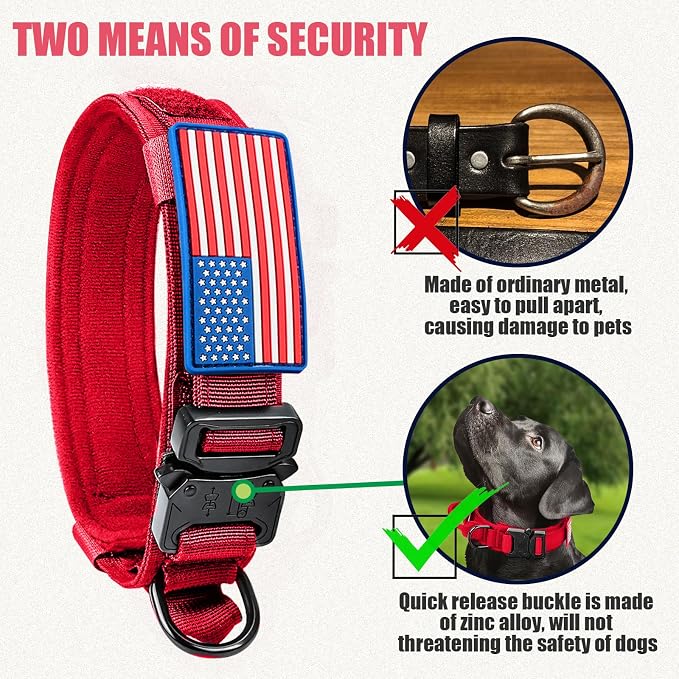 Celifelight Tactical Dog Collar and Bungee Leash,Military & Leash Set with USA American Flag Adjustable K9 Heavy Duty Metal Buckle Handle,with Patches Airtags Case (XL, Red(1PCS))