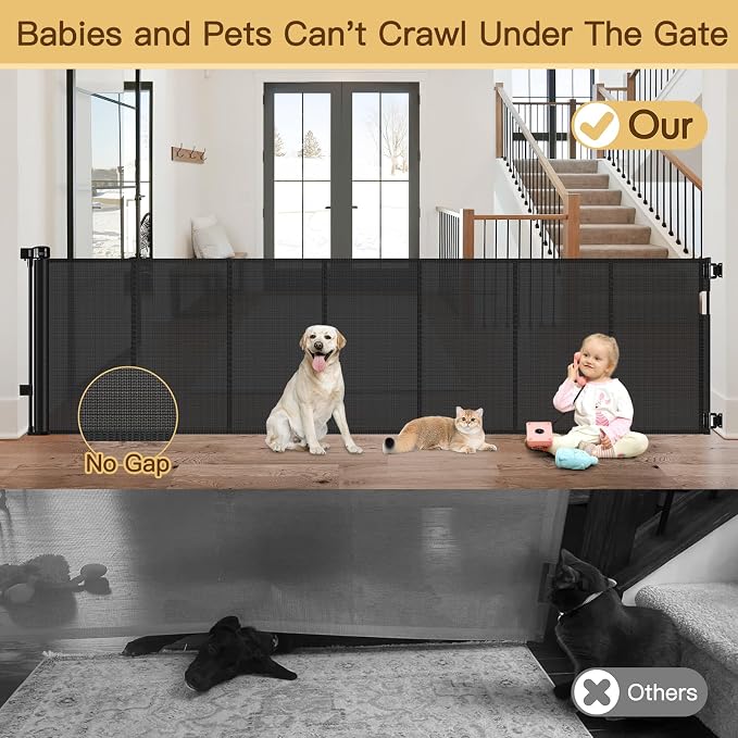 Reinforced 120 Inch Retractable Baby Gates Extra Wide Baby Gate to Prevent Crawling Through, Indoor/Outdoor Retractable Dog Gate, 10ft Scratch-resistant Mesh Child Gates for Doorways Extra Wide, Black