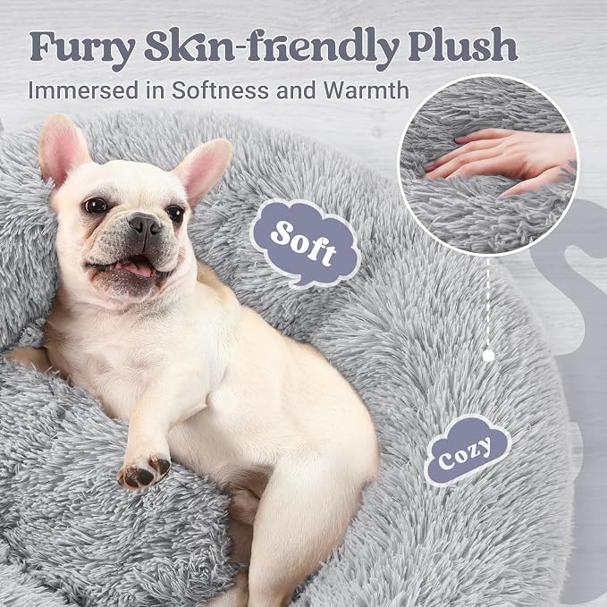 rabbitgoo Calming Cat Beds for Indoor Cats, 23 inches, Light Grey | Soft Warm Donut, Fluffy Faux Fur, Supportive Raised Rim, Anti-slip, Machine Washable, Up to 25lbs Cats & Small Dogs