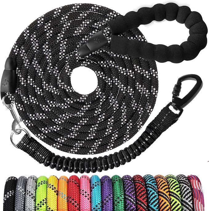Long Dog Leash 25 FT: Heavy Duty Rope Leashes for Dogs Training with Swivel Lockable Hook Reflective Threads Bungee and Padded Handle - Dog Lead for Large Small Medium Dogs Outside Walking Hiking