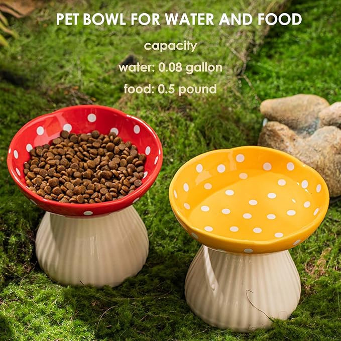 Mushroom Cat Bowl, Raised Ceramic Cat Food Dish for Whisker Fatigue, Forest Style Pet Water Bowl, Elevated Tilted Neck Protection Feeder for Indoor Cats & Small Dogs (Red & Black)
