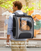 Pecute Cat Backpack Carrier,Large Space Cat Bubble Backpack,Ergonomic,Gray | Color Blocking,Sunshade curtain,Folding bowl,Transparent window,Sturdy,Large mesh on both sides for breathability