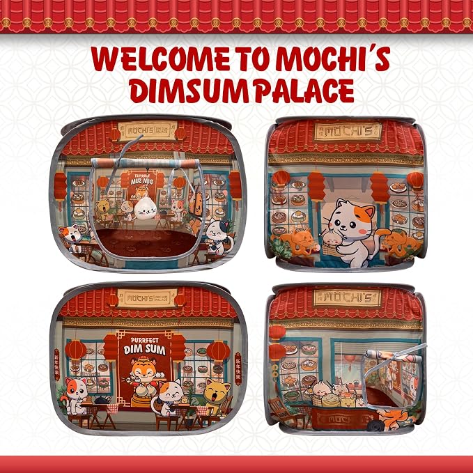 Cat House & Tent for Indoor Cats – Pop-Up Cat Tent House with Catnip Toy, Restaurant Theme for Cats & Kittens, Mochi’s Dim Sum Palace