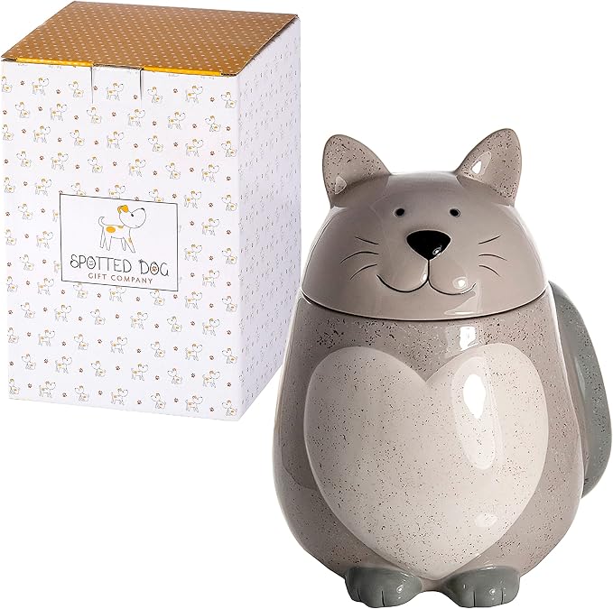 SPOTTED DOG GIFT COMPANY Ceramic Cookie Jar with Lid, Large Cat Treat Container for Cookies & Biscuits, Cute Novelty Kitchen Storage for Countertop, Gifts for Cat Lovers - 43oz Gray