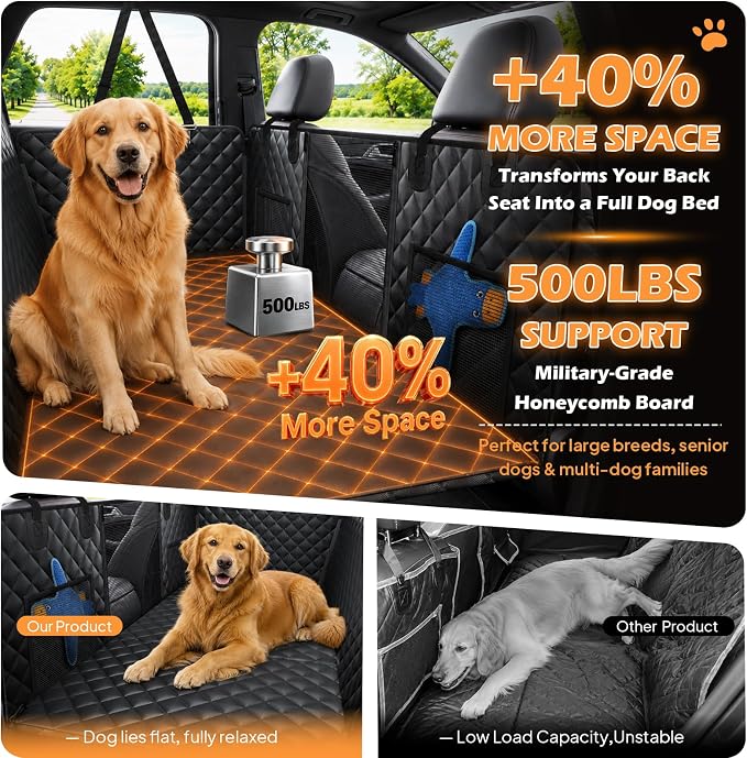 Hard Bottom Dog Car Seat Cover, Back Seat Extender for Dogs Holds 500lbs | Honeycomb board, Waterproof, Non-slip dog hammock for car SUV, Fits most cars, Dog seat belt, Mesh window & 2 storage pockets