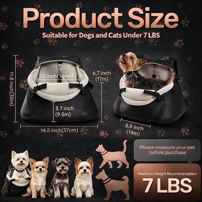 YUDODO Teacup Dog Car Seat - Design for Tiny Dogs up to 7 lbs with Cushion | Elevated View, Rear Pass-Through, Front Carrier, Vegan Leather, Safe & Durable, Waterproof, Wipe Clean, Black