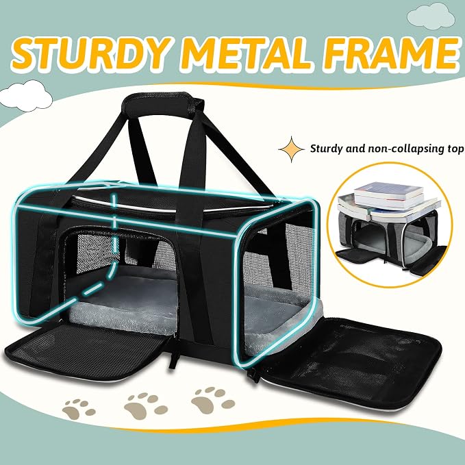 Petskd Small Pet Carrier 17" L x 11" W x 9.5" H Airline Approved, Black | for Alaska Airlines, Lockable Safety Zippers and Anti-Scratch Mesh, Pets Under 10 lbs