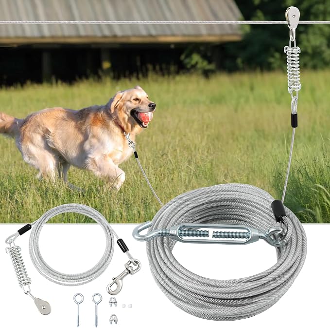 Dog Runner for Yard, Trolley System, 50FT+10FT, Silver | Chew-resistant Cable, Shock Spring Softens Pulls, 360° Swivel Reduce Tangles