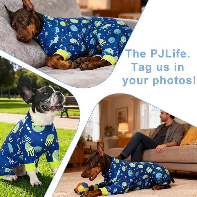 Large Dog Pajamas Pet Recovery Shirt Dog Pjs Cute Lightweight Stretchy Knit Pullover Large Dogs Pajamas Onesie for Small, Medium and Large Breeds (XX-Large (40-55lb), Blue Jellyfish)