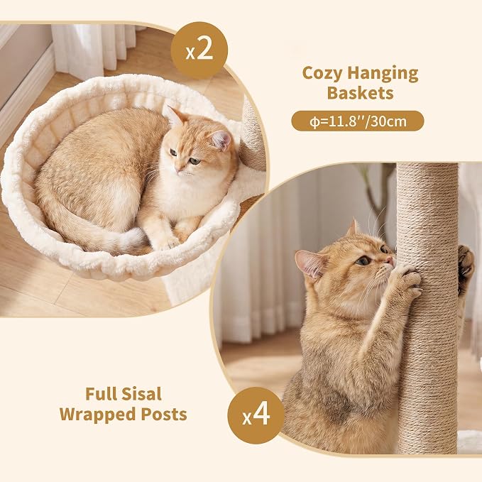 Heybly Cat Tree with Reinforced Big Base, 41.3 in Sturdy Cat Tower HCT075MJ | Indoor Cat Furniture Featuring 2 Roomy Platforms, Double Condos, 2 Cozy Baskets, Full Sisal Scratching Posts, Beige