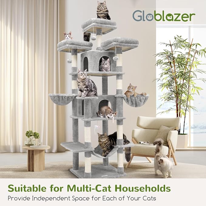 Globlazer Big Cat Tower for Indoor Cats, 80inch Cat Tower for Multiple Adult Cats XXL Cat Tree with Scratching Post, Hammock, 3 Perches, 2 Condos, 2 Hanging Basket, F80, Light Grey