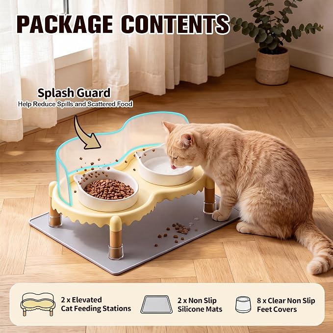 Dreyoo 2 Sets Cat Food Table with Splash Guard, Raised Cat Bowl Stand | Ant Proof Pet Tray, for Cats and Small Dogs, Raised Bowl Stand, EVA Non Slip Pads, for Home Pet Feeding