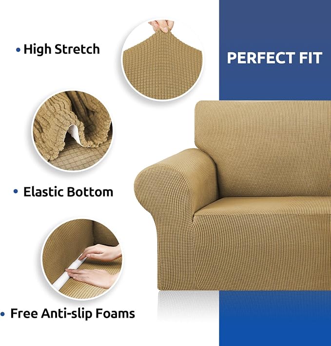Stretch Couch Covers for Sofa, 3 Cushion Couch Slipcover,Tan | 1-Piece Washable Sofa Cover Pet Friendly(78"-94") Furniture Protector Soft Jacquard, Elastic Bottom for Dogs & Kids