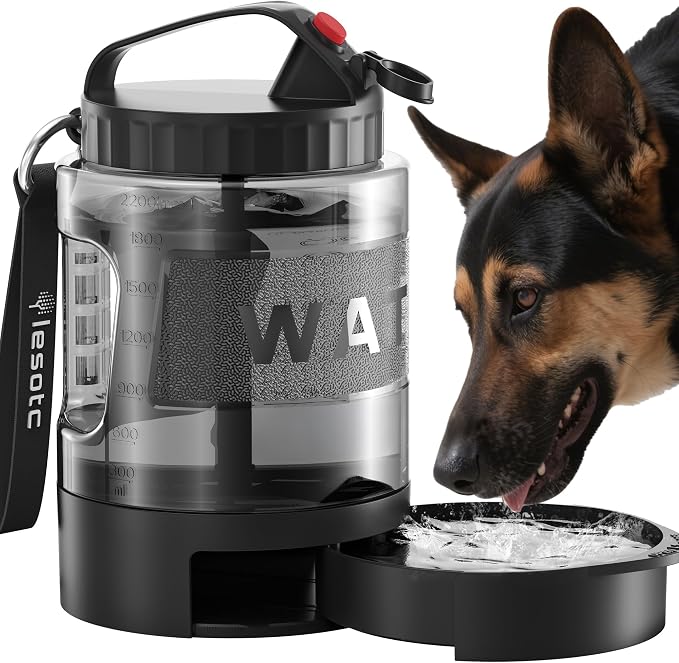 Portable Dog Water Bottle with Bowl, Large 77 oz/2.2 L, Black | Food-grade, BPA-free material, silicone seal, easy-clean wide mouth, grip handle, for large dogs, hiking, camping, beach days