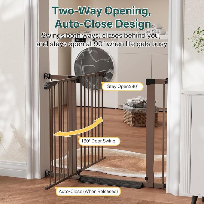 InnoTruth 27-36.6 in Wide Baby Gate for Stairs and Doorways, Brown | Indoor Metal Dog Gate for Pets, Auto Close 2 Way Swing Walk Through Door, Double Lock & Y-Bolts, Pressure or Hardware Mount