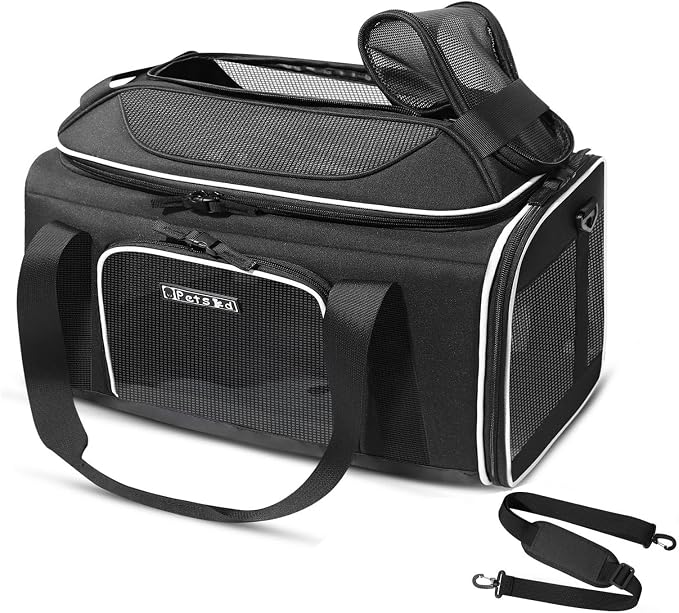 Petskd Top-Expandable Small Pet Carrier 17"x12"x8.5" Airline Approved | for JetBlue/Frontier/Spirit Airlines, Lockable Safety Zippers and Anti-Scratch Mesh, Soft-Sided, Pets Under 8 Lbs, Black