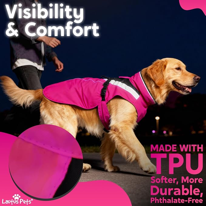 Waterproof Dog Rain Coat, Reflective Safety Strips & Leash Hole – Lightweight Adjustable Jacket for Medium Breeds - M, Pink