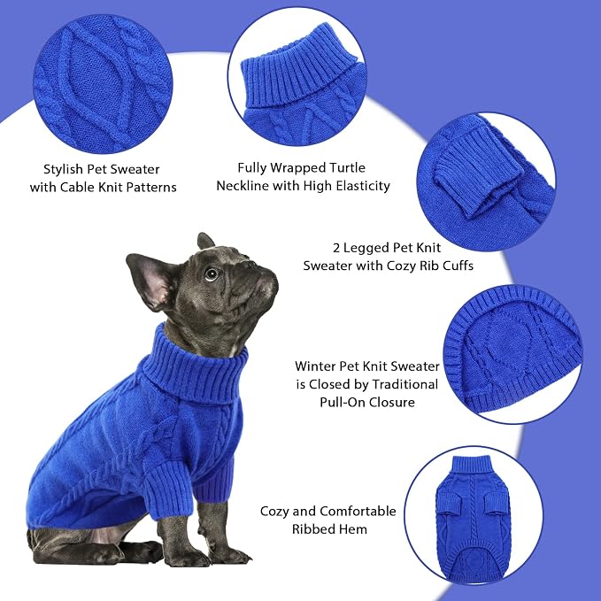 Queenmore Small Dog Pullover Sweater, Cold Weather Cable Knitwear, Classic Turtleneck Thick Warm Clothes for Chihuahua, Bulldog, Dachshund, Pug (Royal Blue, Medium)