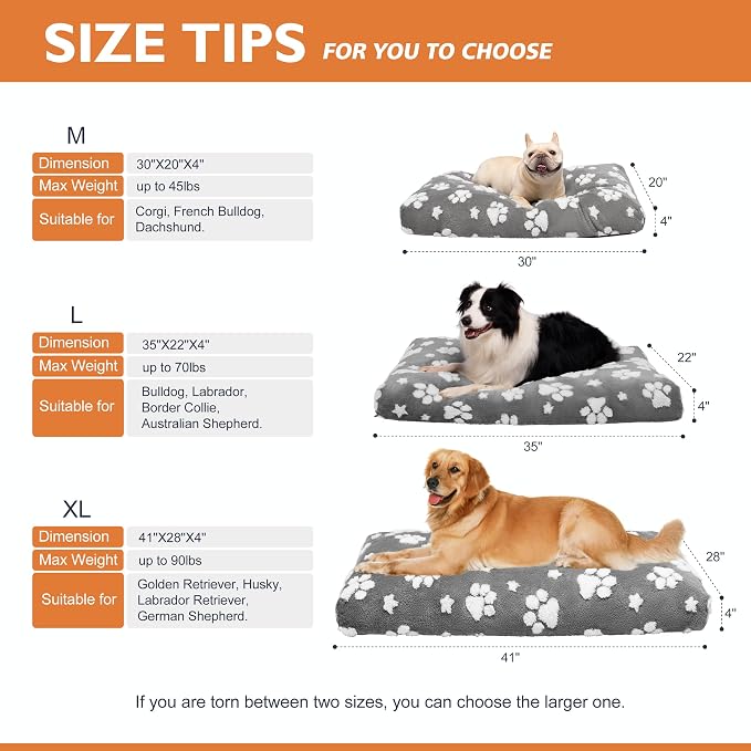 Cute Fluffy Dog Beds for Small Medium Dogs, 30"x 20", Grey Paw | Thick Dog Bed for Crate Kennel, Pet Bed with Removable Washable Cover, Anti-Slip Bottom