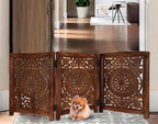 Lightnpro 3‑Panel Wooden Pet Gate – Decorative Carved Foldable Dog Gate, Extra‑Wide Freestanding Indoor Safety Fence for Small Dogs – 24x54 Inch Natural Burnt Finish