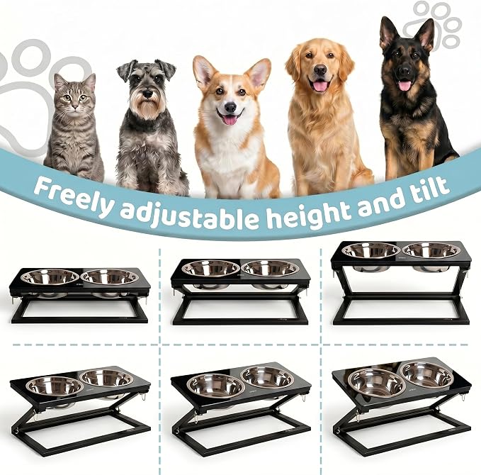 Elevated Dog Bowl, Adjustable Height and Tilt Angle Dog Bowl Stand | Precisely Adjust Height And Tilt Angle, Easy To Clean, Equipped With 2 Stainless Steel Food Bowls, Sturdy And Durable.