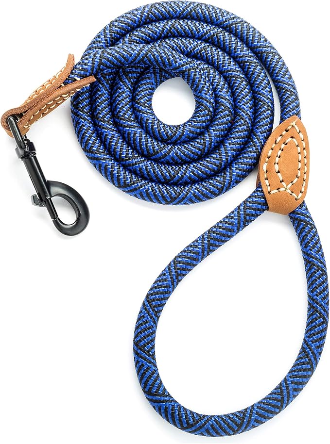 Mile High Life Dog Leash with Genuine Leather Connection, 6 FT/5 FT/4 FT | Rope Leash, Heavy Duty 360° Swivel Metal Clasp, for Small Medium & Large Dogs (Blue, 48 Inch)