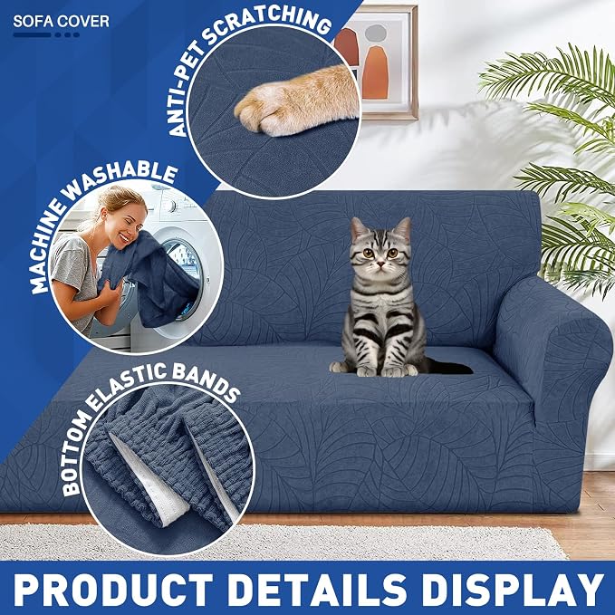 YEMYHOM Couch Cover Latest Jacquard Design High Stretch Extra Large Sofa Covers Pet Dog Cat Proof Oversized Slipcover Non Slip Magic Elastic Furniture Protector (X-Large, Begonia Leaf Navy)
