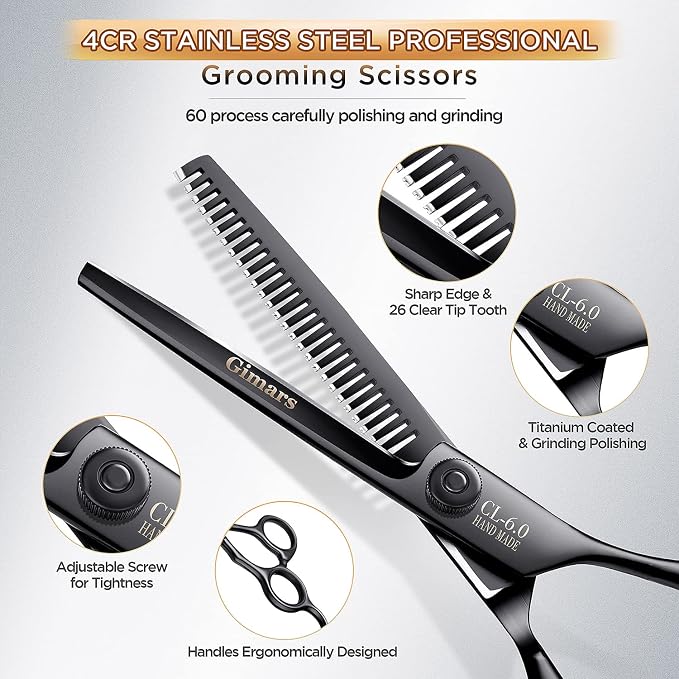 Gimars 7inch Professional 4CR Stainless Steel 6 in 1 Grooming Scissors for Dogs with Safety Round Tip, Heavy Duty Titanium Coated Pet Grooming Scissor for Dogs, Cats and Other Animals