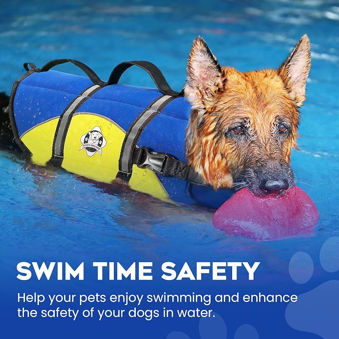 Dog Life Jacket — Premium Swim Vest with SafeChin Anti-Choke Collar | PAWS Aboard Blue & Yellow | RapidLift Rescue Handle, D-Ring, Reflective Trim | Boating, Kayaking, Pool | Large (50–80 lbs)
