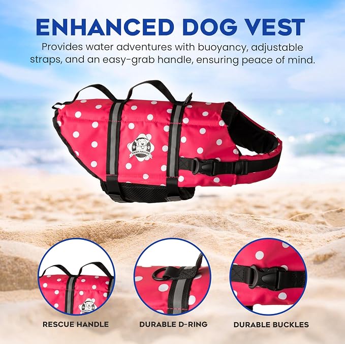 Dog Life Jacket - Swimming Vest for Dogs, Adjustable, Reflective, Comfortable, Multiple Colors, Patterns, XX-Small to Extra Large Dog Swim Vest with Handle (Pink Polka Dot, Large)