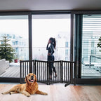 LZRS Wooden Free Standing Dog Gate 80" W x 30" H, Foldable Solid Hardwood Pet Safety Fence for House Doorways, Stairs, Hallways, Step-Over Pet Barrier, No Drill Easy Setup, Black