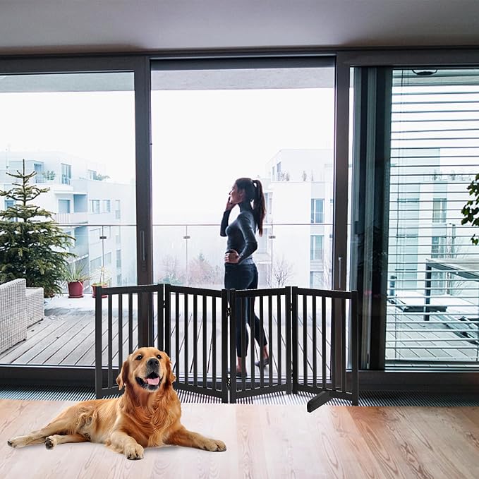 LZRS Wooden Free Standing Dog Gate 80" W x 30" H, Foldable Solid Hardwood Pet Safety Fence for House Doorways, Stairs, Hallways, Step-Over Pet Barrier, No Drill Easy Setup, Black