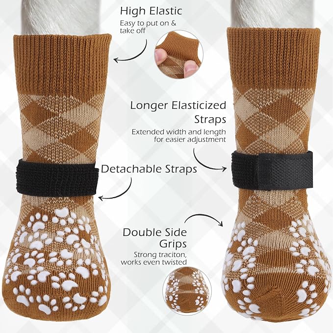 EXPAWLORER Dog Socks to Prevent Licking Paws, Dog Shoes for Hot Pavement, Anti Slip Dog Booties for Hardwood Floors, Dog Boots & Paw Protectors for Small Medium Large Senior Dogs, Khaki M