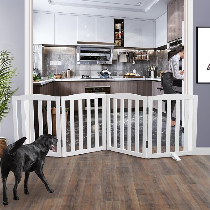 ZJSF Foldable Freestanding Indoor Dog Gate for House Wood White Long Pet Gates Dog Fence for Stairs Puppy Gates for Hallways,Pet Fence, Puppy Gate,Support Feet Included 24 "Height-4 Panels