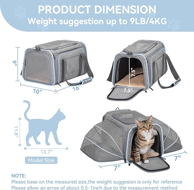 Petsfit Small Double Expandable Cat Carrier for Kittens and Air Travel | 16 x 10 x 9 in; sized for Alaska Airlines, with locking zippers, an interior safety tether and multi-side ventilation.