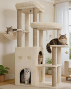 Heybly Cat Tree, 59.4" Secure Anti-Tip Cat Tower for Large Cats HCT055G | Spacious Cat Furniture with Dual-Tier Cat Condo, 2 Top Perches, Hammock and Sisal Scratching Posts, Beige